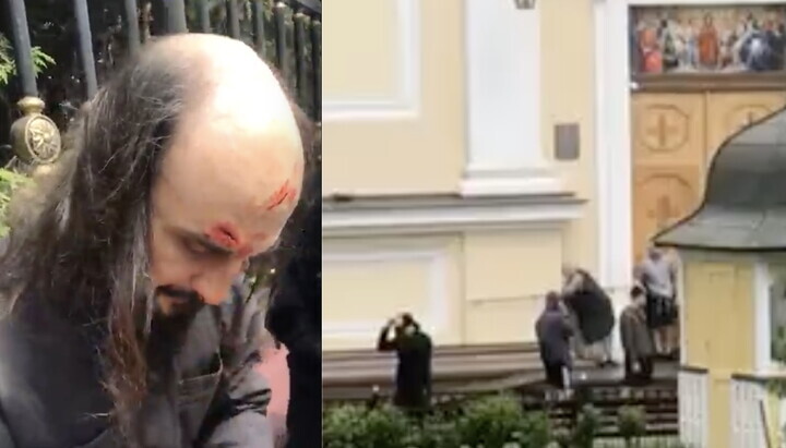 Претучени свештеник УПЦ и група јуришника на територији храма. Фото: скриншот видеа