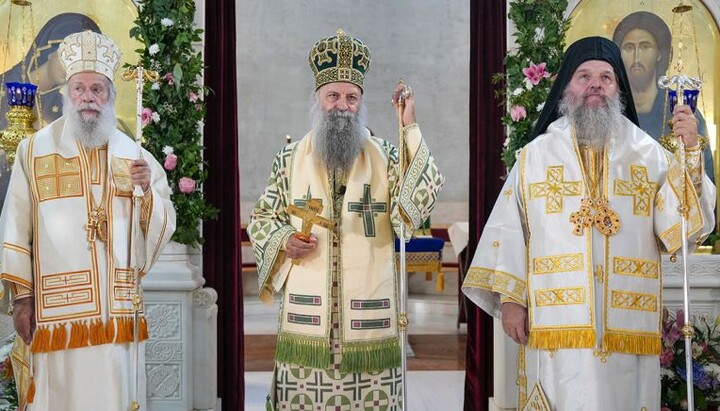 Епископ Алексеј, патријарх Порфирије и епископ Андреј (слева на десно). Фото: СПЦ
